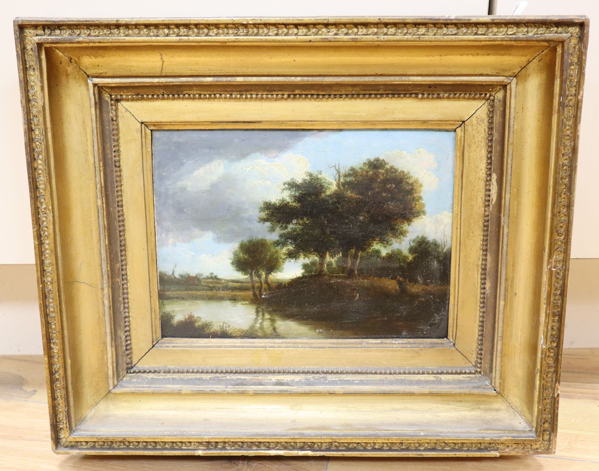 Norwich School, oil on oak panel, Angler beside a wooded stream, 18 x 26cm